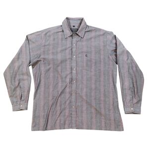 Vintage 80s Designer Men's Gray Button-Down Shirt with Pink Stripe Detail Rare